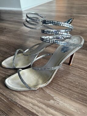 Rene Caovilla Silver Crystal Spiral Strap Heeled Sandals